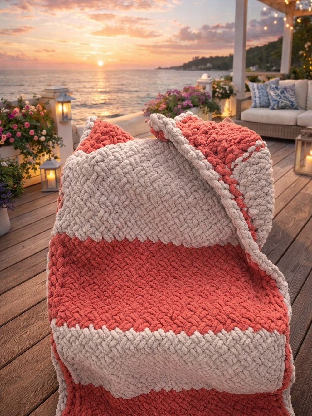 Cozy Chunky Hand Knit XL Throw Blanket in Coral & Cream